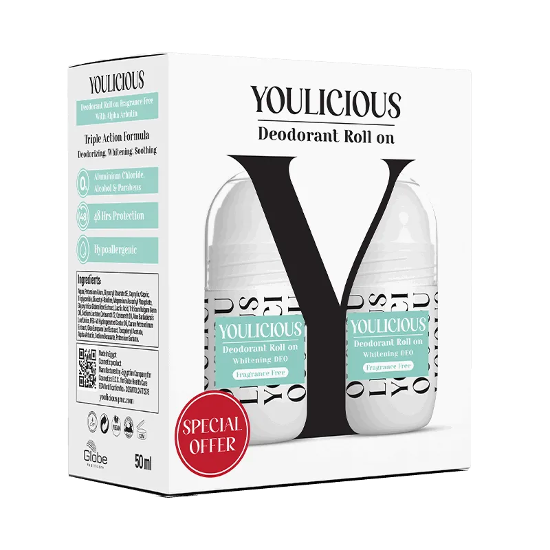 يوليشيس رول اون بدون رائحة 50مل عرض 2 قطعه - Youlicious Deodorant Roll On Whitening DEO Fragrance Free 50ml + Fragrance Free 50ml - Promo Pack
