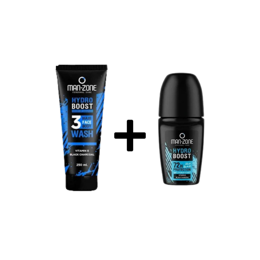 مان زون رول اون 50مل هيدرو +شاور 250مل 20%خصم - 1. Man-Zone Personal Care Hydro Boost 3 In 1 Wash (Hair, Face, Body) + Hydro Boost Roll-On Antiperspirant 72H Protection