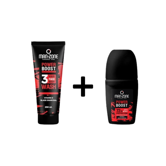 مان زون رول اون 50مل باور +شاور 250مل 20%خصم - 1. Man-Zone Personal Care Power Boost 3 In 1 Wash (Hair, Face, Body) + Power Boost Roll-On Antiperspirant 72H Protection