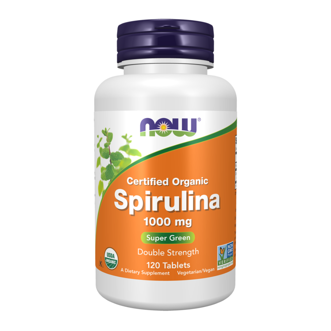 Now Spirulina, Double Strength, Organic 1000 mg 120 Tablets.