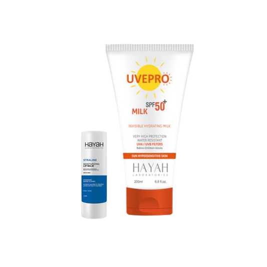 HAYAH UVEPRO Milk SPF 50+ 200ml + STRALINE Moisturizing Lip Balm 5gm Offer