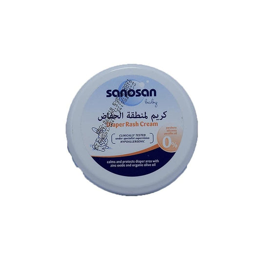 A round white plastic container of Sanosan Baby diaper rash cream with a blue and white label, shown against a plain white background.