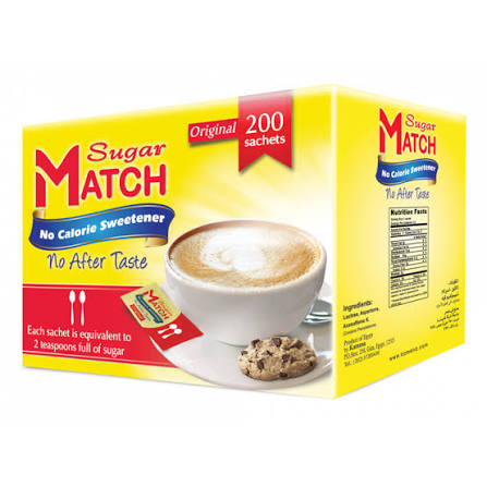 شوجر ماتش 200كيس2معلقة - Sugar Match No-Calorie Sweetener - 200 Sachets, 2 Teaspoon Equivalent